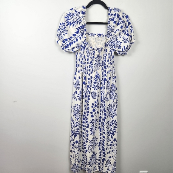 Milkmaid Coquette Girl Puff Sleeve Print Midi Maxi Dress Smockey Stretchy Size M - Picture 7 of 13